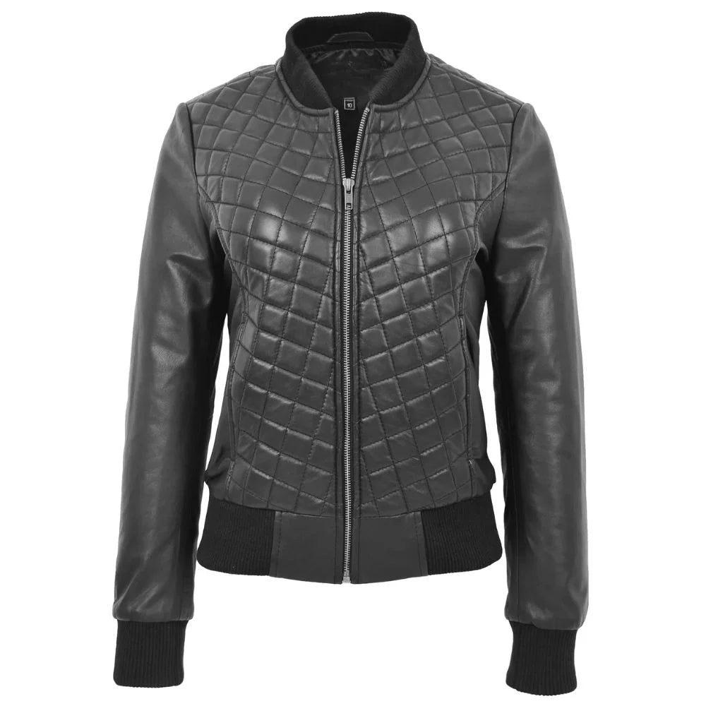 Women Black Quilted Leather Bomber Jacket