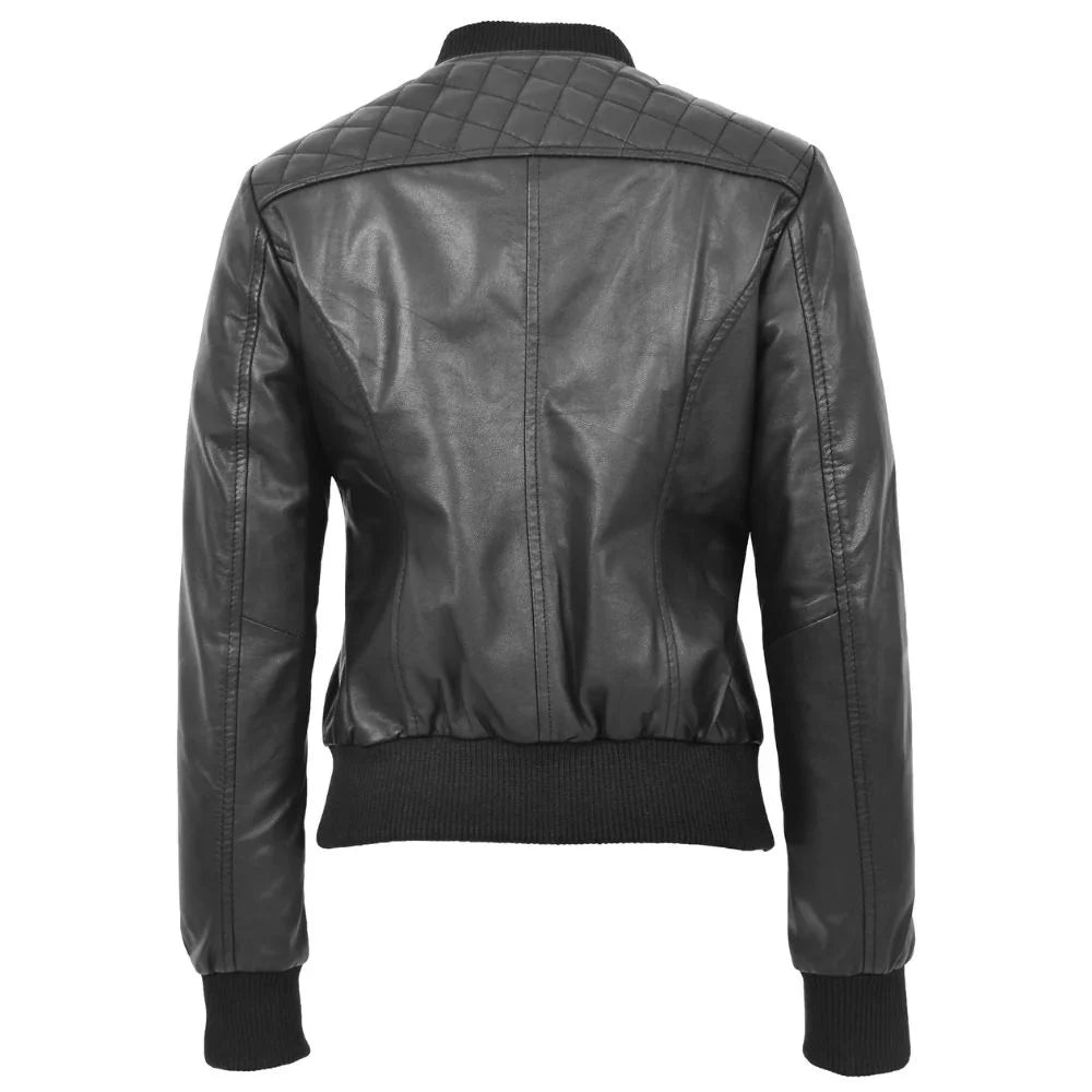 Women Black Quilted Leather Bomber Jacket
