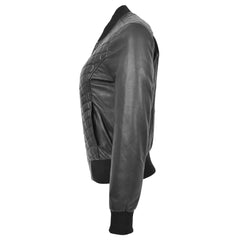 Women Black Quilted Leather Bomber Jacket