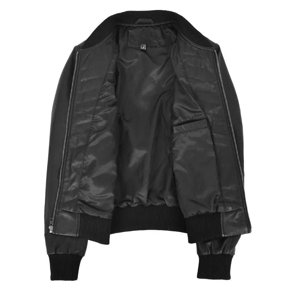 Women Black Quilted Leather Bomber Jacket
