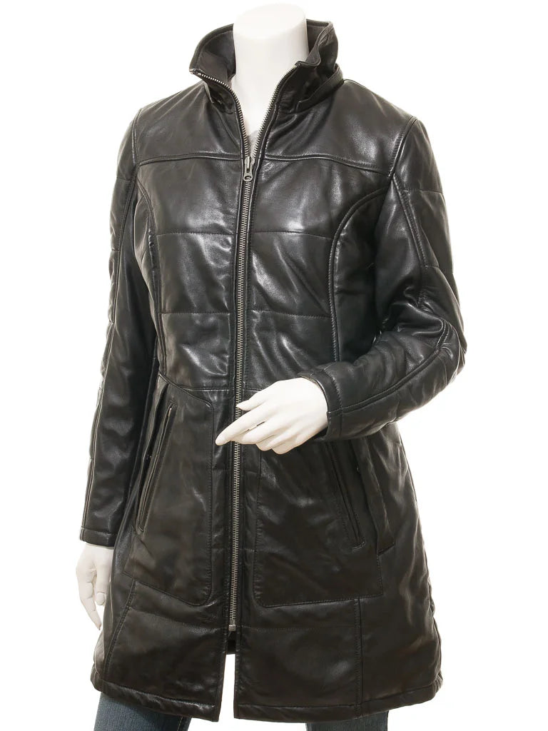 Women's Black Quilted Leather Coat