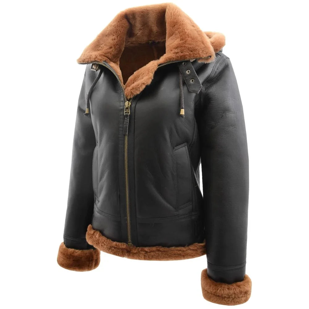 Women Black Shearling Aviator Jacket