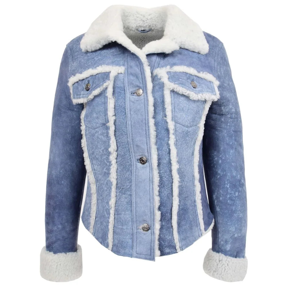Women Blue Shearling Bomber Jacket