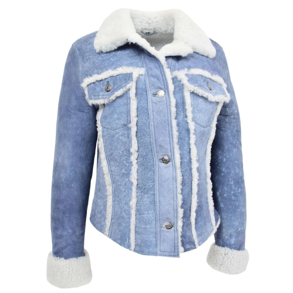 Women Blue Shearling Bomber Jacket