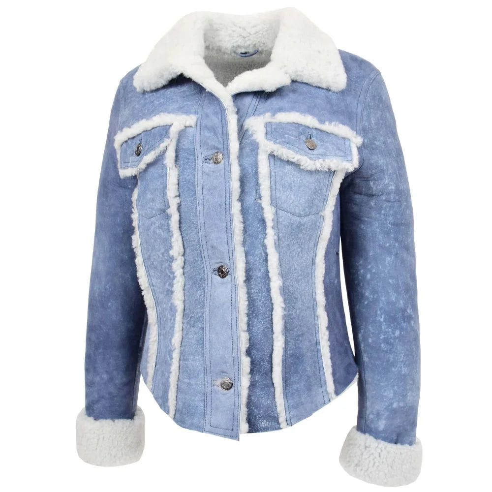 Women Blue Shearling Bomber Jacket