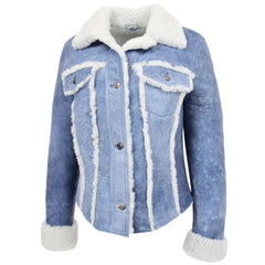 Women Blue Shearling Bomber Jacket