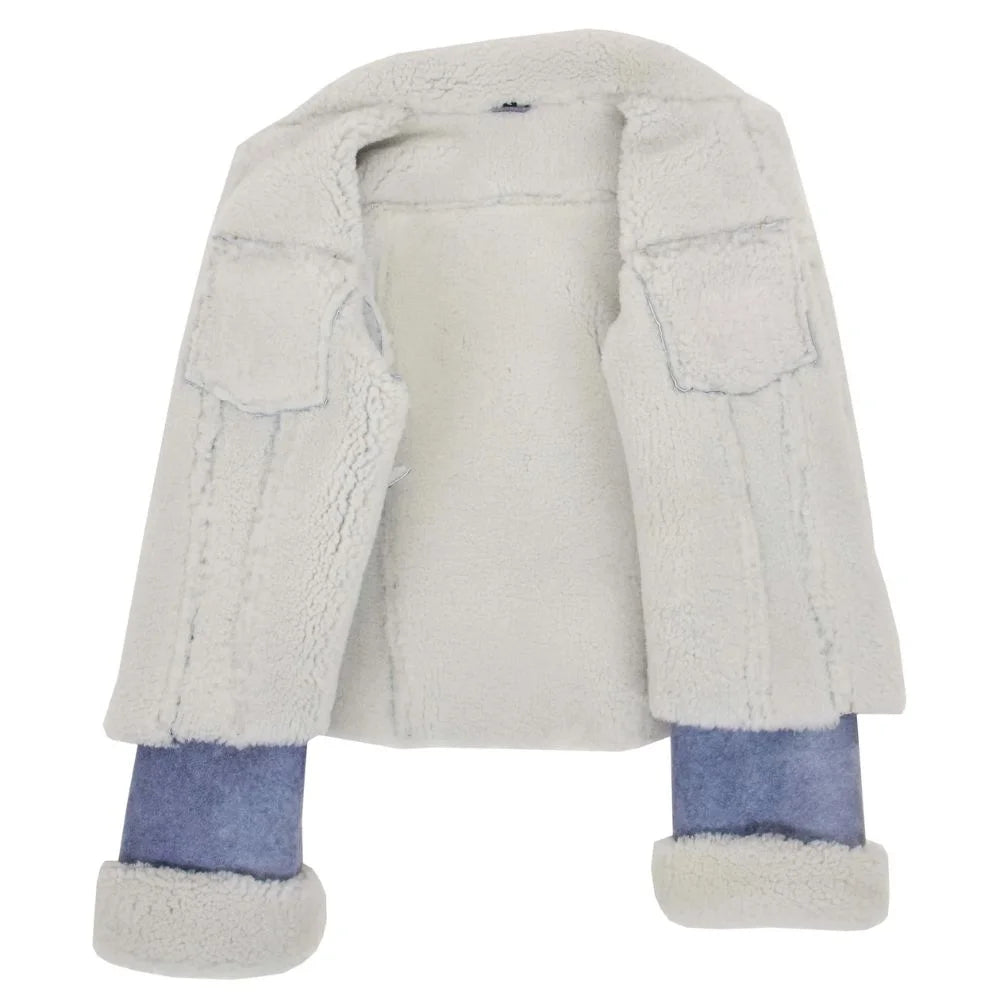 Women Blue Shearling Bomber Jacket