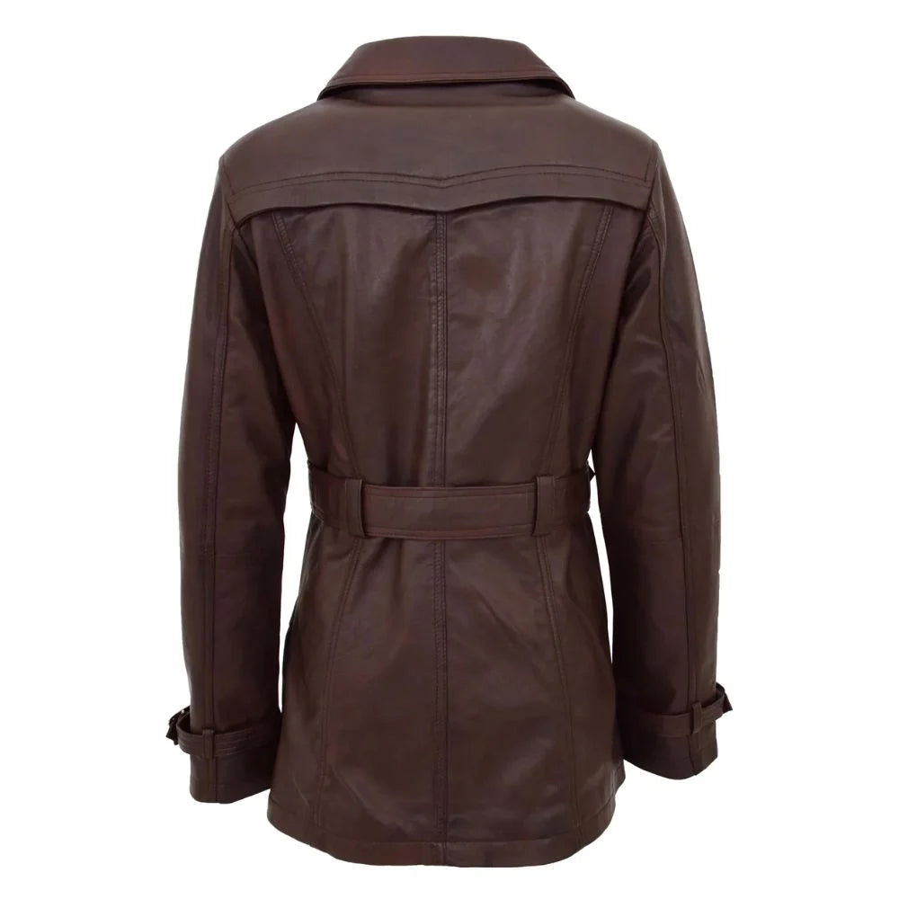Women Brown Belted Leather Trench Coat
