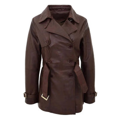Women Brown Belted Leather Trench Coat
