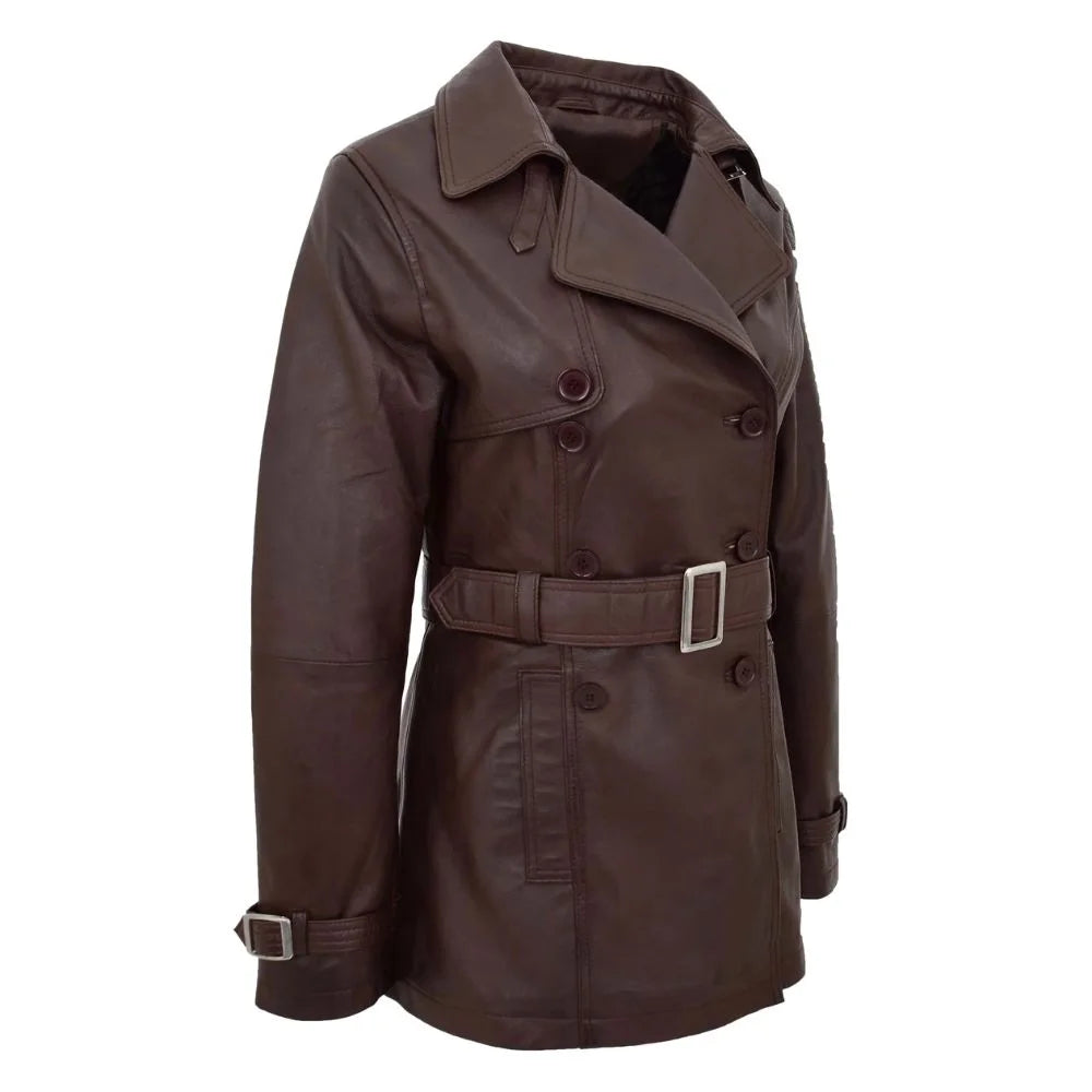 Women Brown Belted Leather Trench Coat
