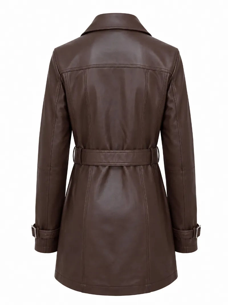 Women Brown Belted Leather Trench Coat