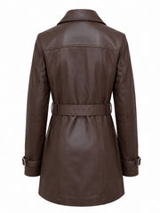 Women Brown Belted Leather Trench Coat