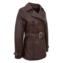 Women Brown Belted Leather Trench Coat