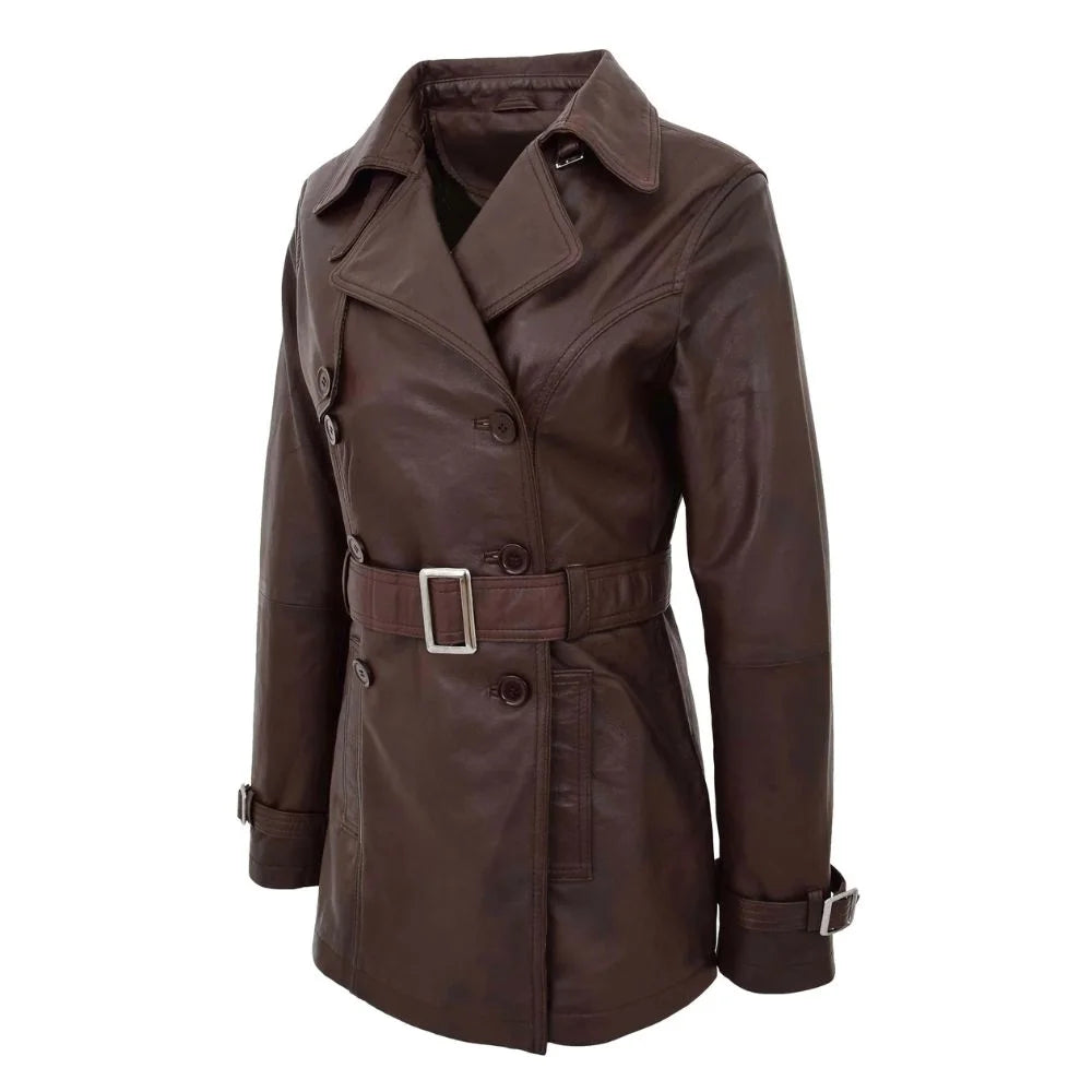 Women Brown Belted Leather Trench Coat
