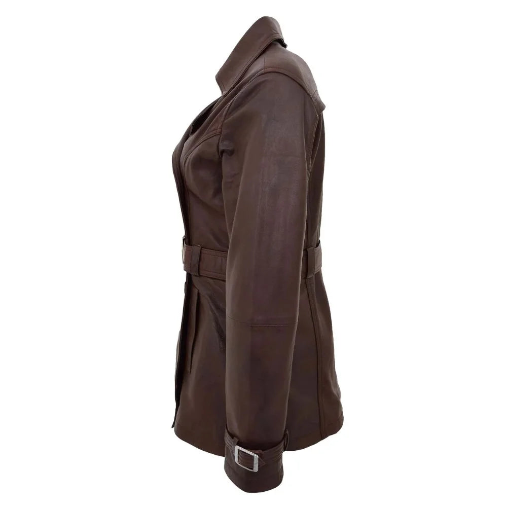 Women Brown Belted Leather Trench Coat
