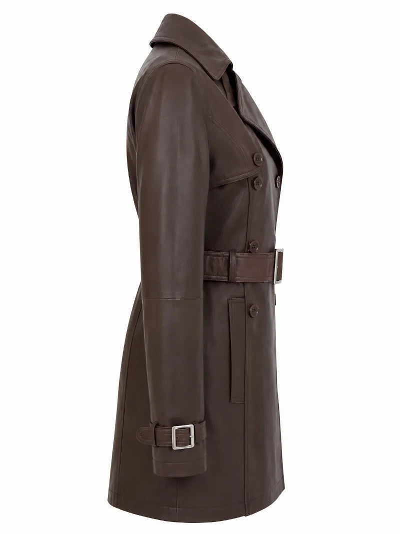Women Brown Belted Leather Trench Coat