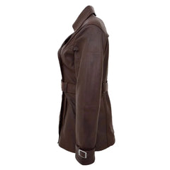 Women Brown Belted Leather Trench Coat
