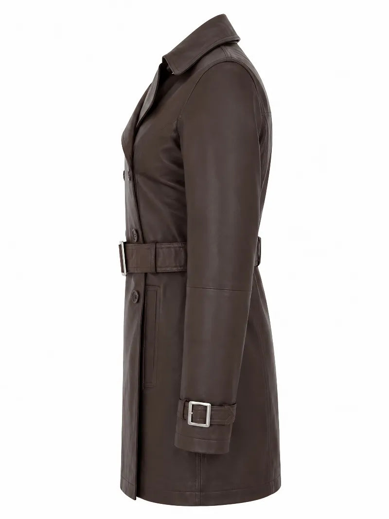 Women Brown Belted Leather Trench Coat