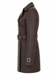 Women Brown Belted Leather Trench Coat