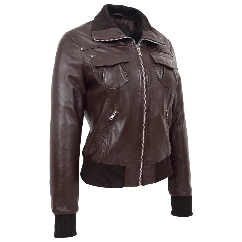 Women Brown Leather Zip Jacket