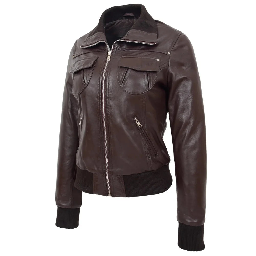 Women Brown Leather Zip Jacket