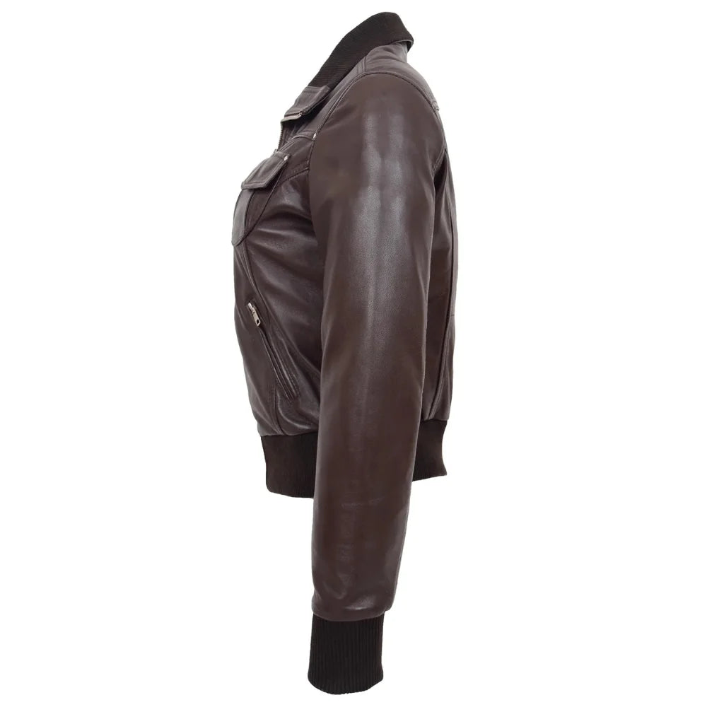 Women Brown Leather Zip Jacket