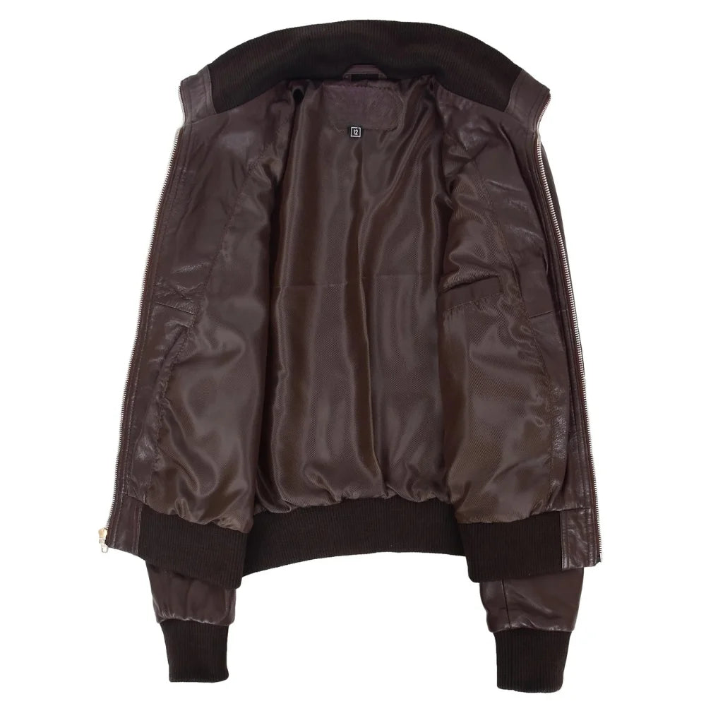 Women Brown Leather Zip Jacket