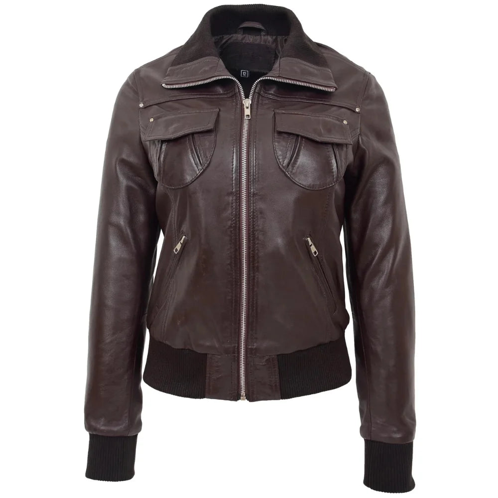Women Brown Leather Zip Jacket