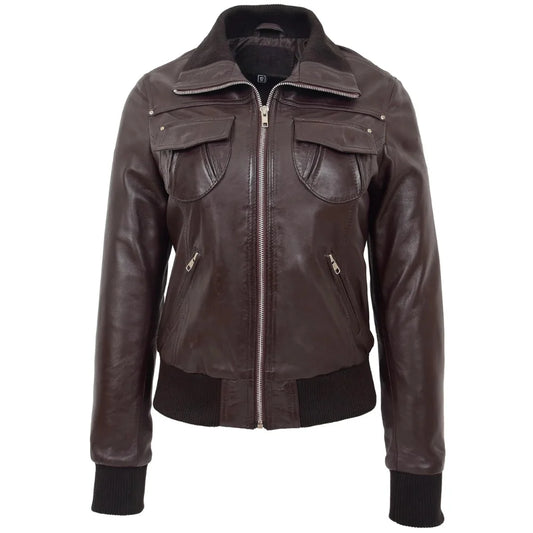 Women Brown Leather Zip Jacket