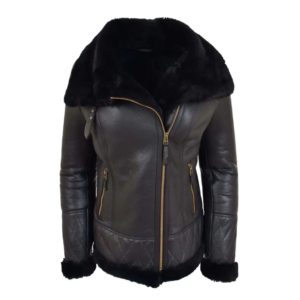 Women Brown Quilted Leather Shearling Jacket