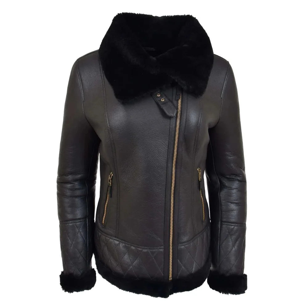 Women Brown Quilted Leather Shearling Jacket