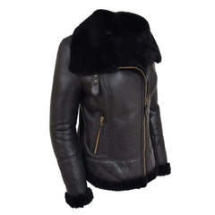 Women Brown Quilted Leather Shearling Jacket
