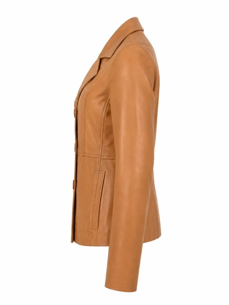 Women's Tan Leather Three-Button Coat