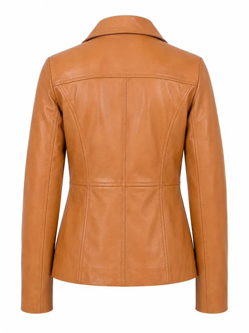 Women's Tan Leather Three-Button Coat