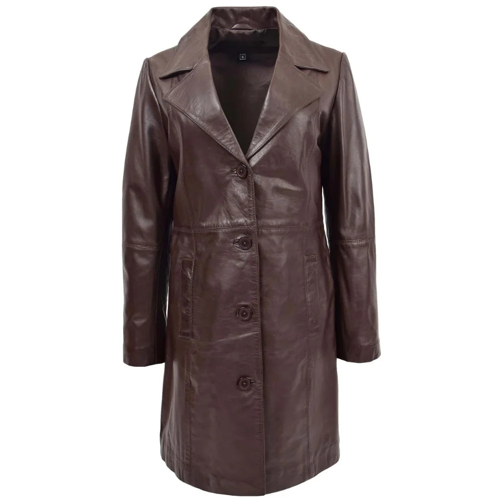 Women Long Brown Leather Coat