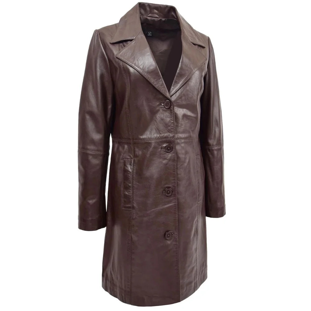 Women Long Brown Leather Coat