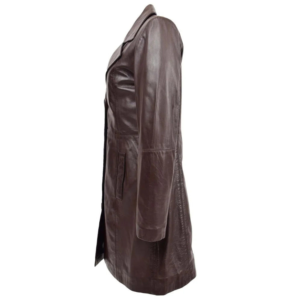 Women Long Brown Leather Coat