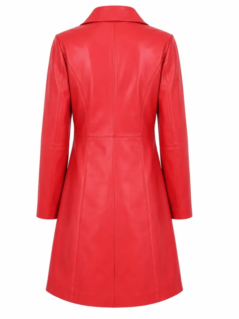 Women Long Red Leather Coat