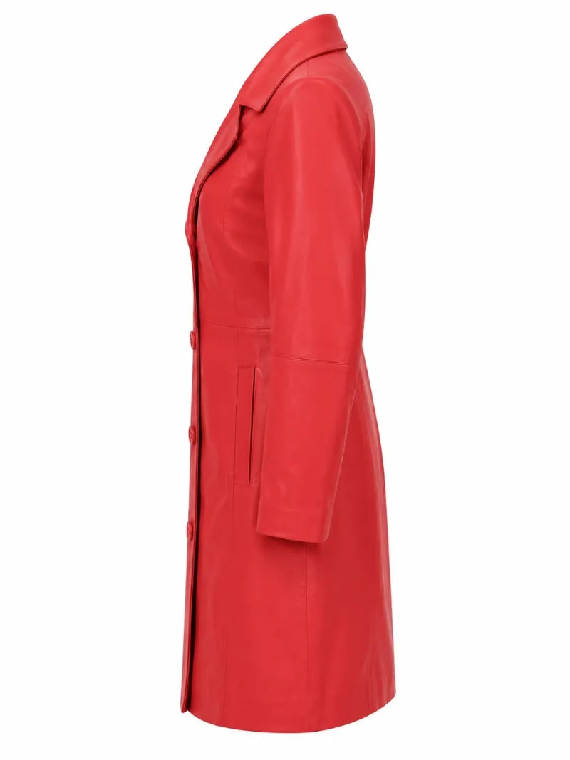 Women Long Red Leather Coat