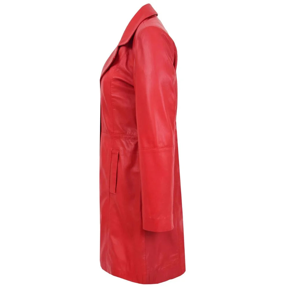 Women Long Red Leather Coat