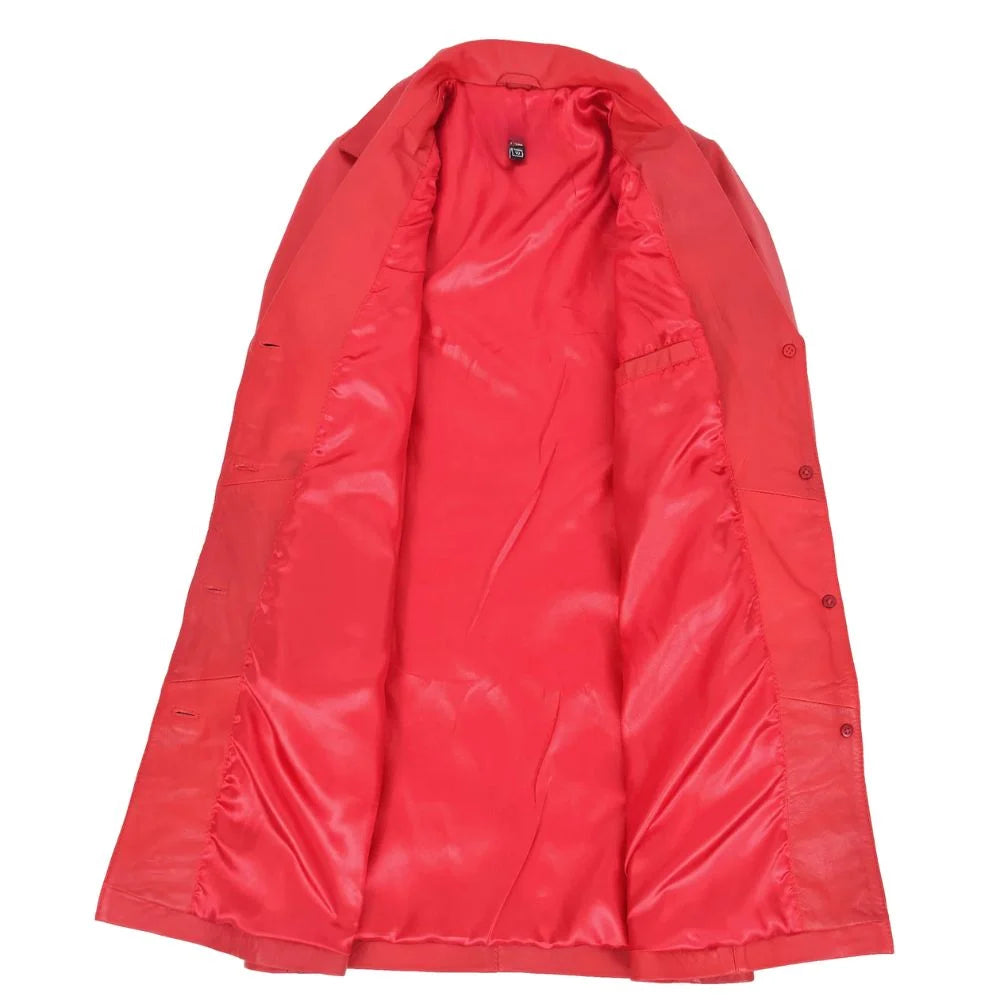 Women Long Red Leather Coat