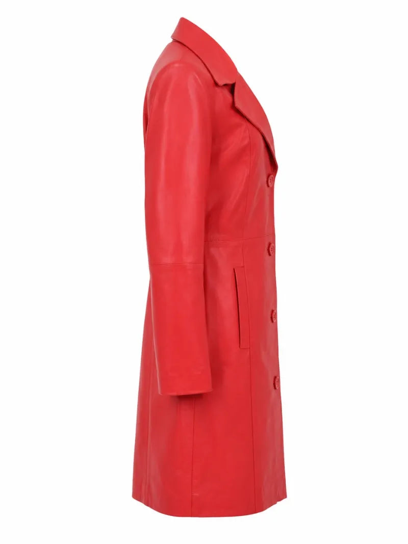 Women Long Red Leather Coat