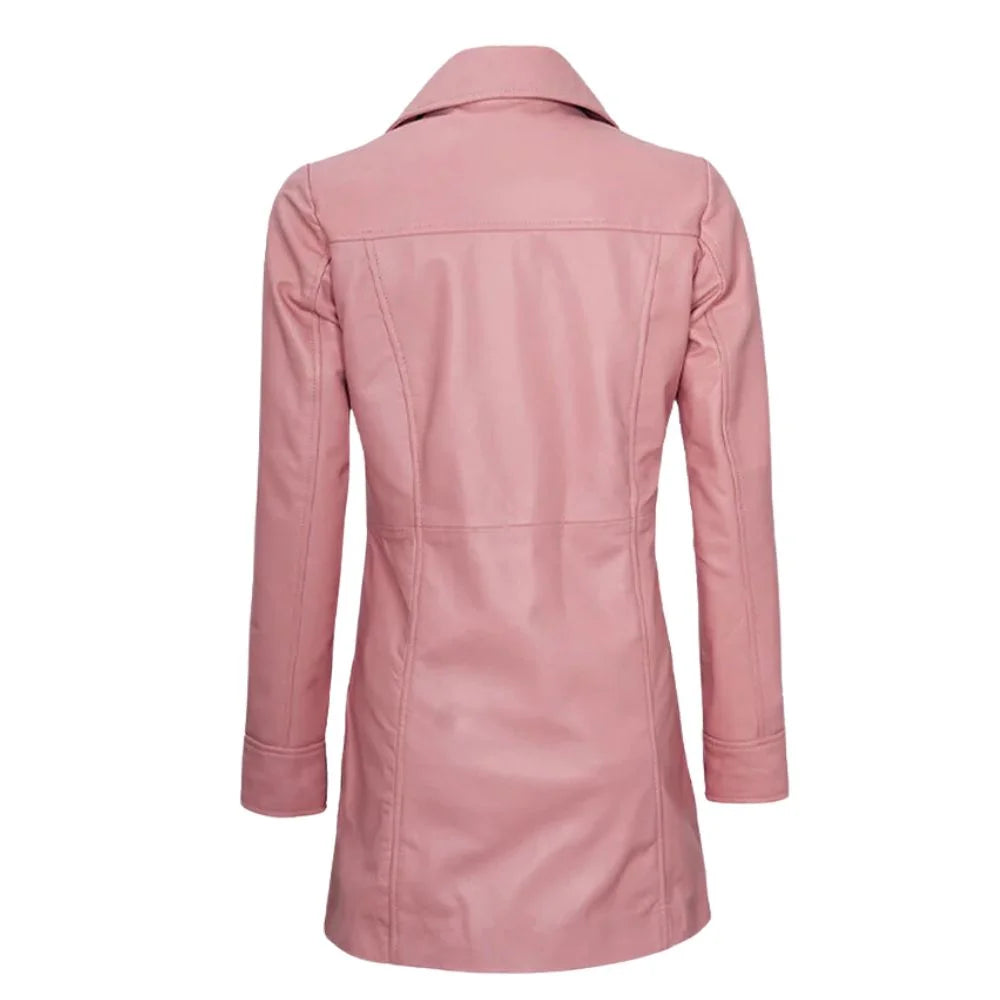 Women Premium Pink Leather Trench Coat