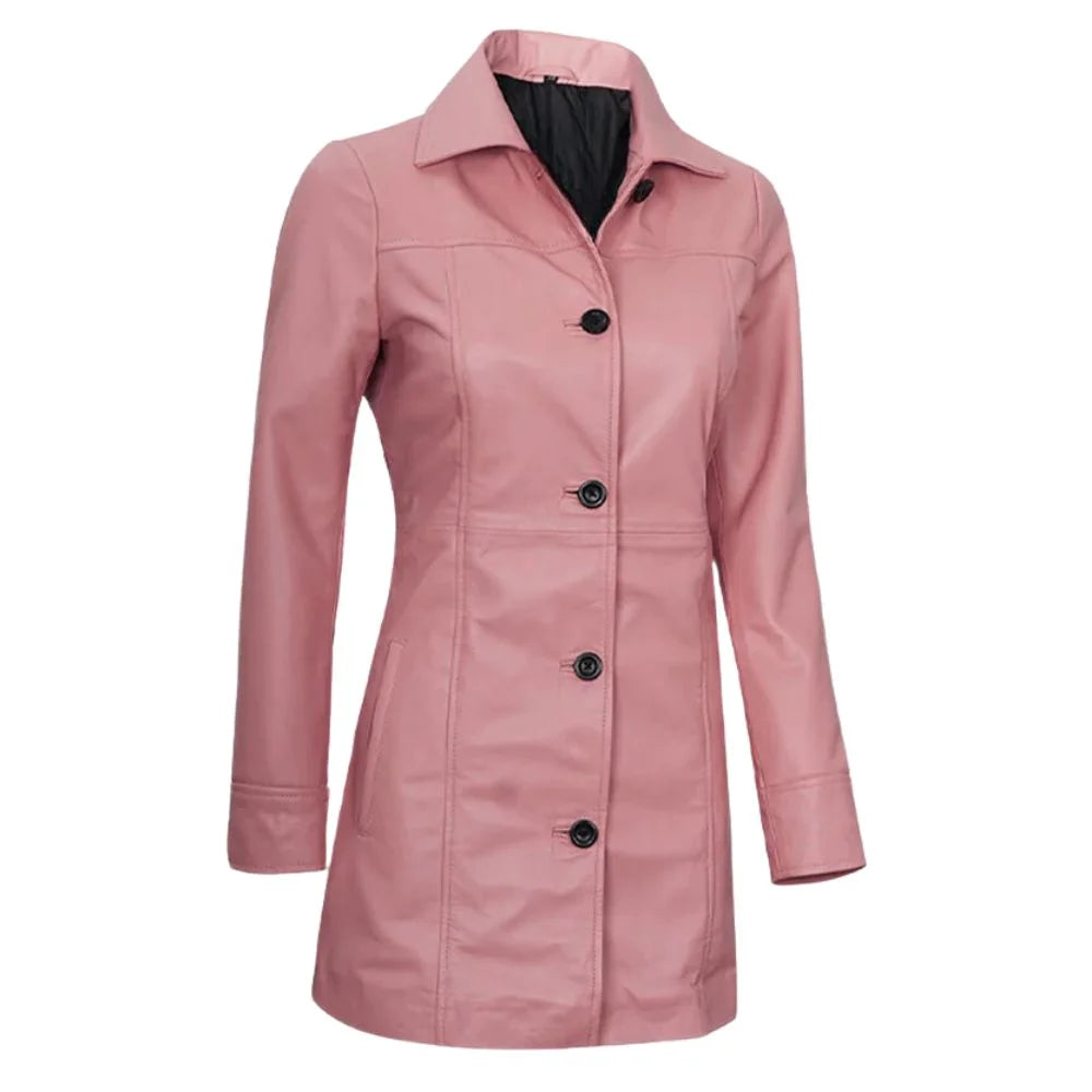 Women Premium Pink Leather Trench Coat