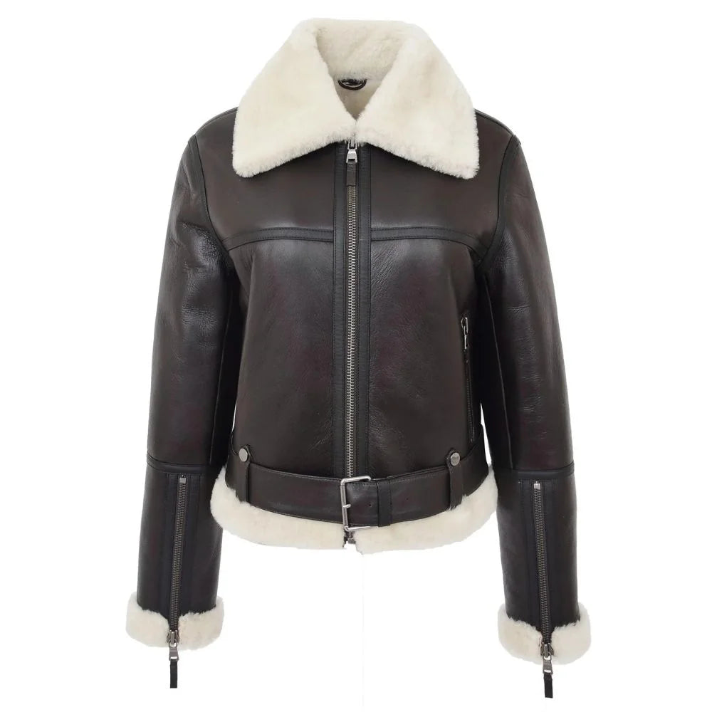Women Shearling Brown Belted Leather Jacket