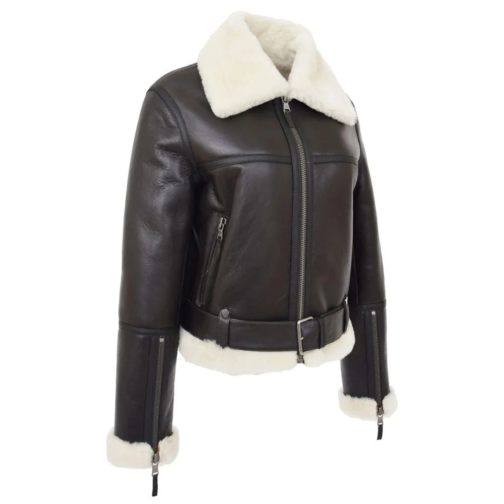 Women Shearling Brown Belted Leather Jacket