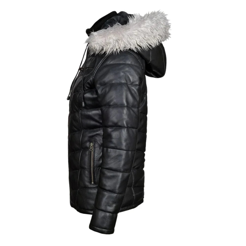 Women Snow’s Winter Fur Trimmed Puffer Leather Jacket
