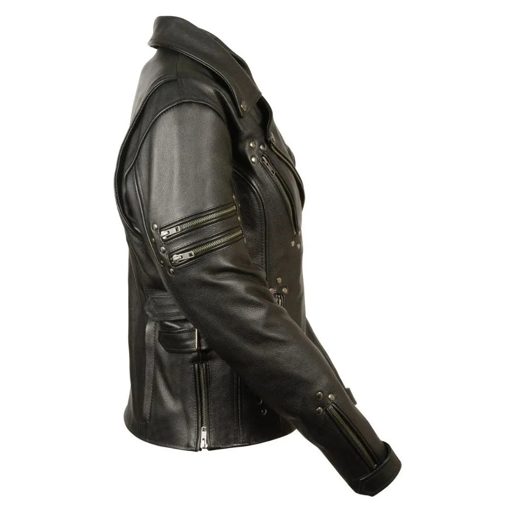 Women's Black Leather Studded Asymmetrical Jacket