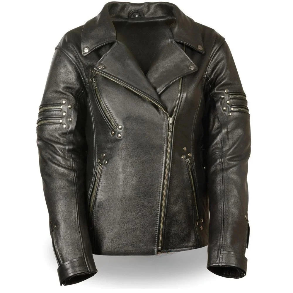 Women's Black Leather Studded Asymmetrical Jacket