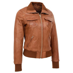 Women Tan Brown Leather Bomber Jacket